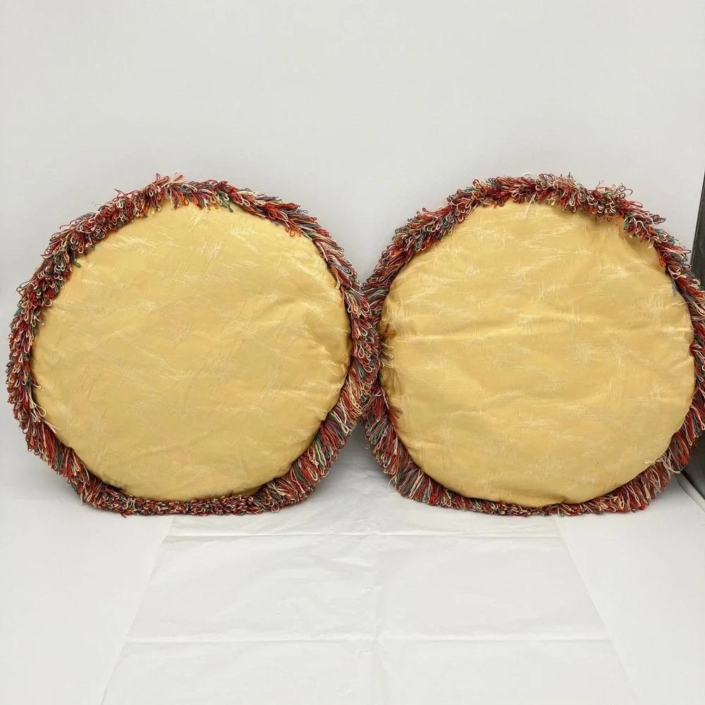 Pair of Vintage Hollywood Regency Round Throw Pillows Gold Brocade Multi Fringe
